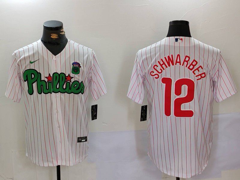 Men Philadelphia Phillies 12 Schwarber White stripe Second generation Joint Name 2024 Nike MLB Jersey style 1